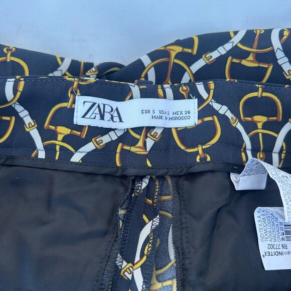 Zara Wide Leg Flare Belt Horsebit Chain Pattern Pants Festive Small High Rise - Picture 10 of 12